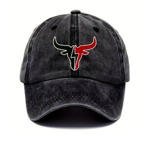 Baseball Cap: Longhorn Steer.  Black Stonewashed. Cotton. New